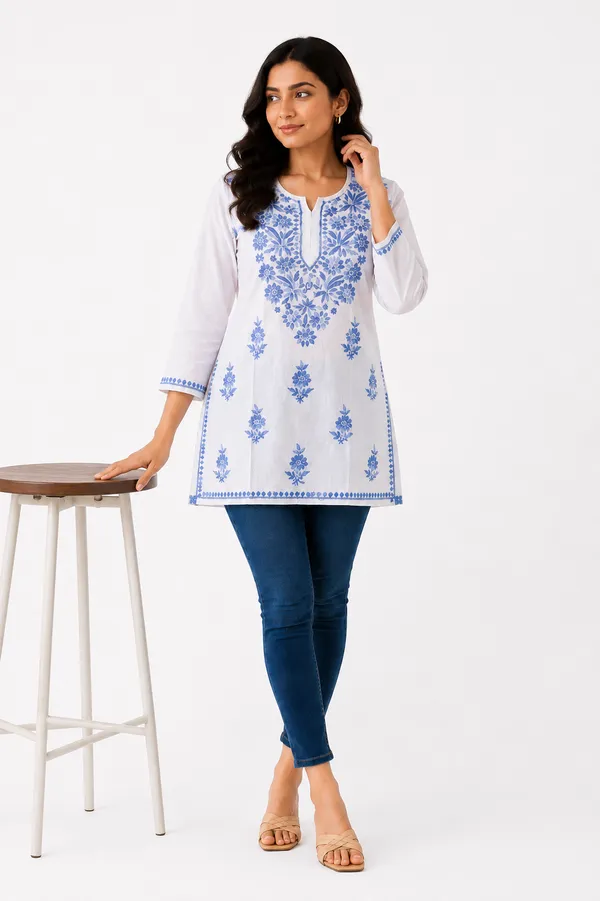 White_Floral_Print_Short_Kurti_For_Women
