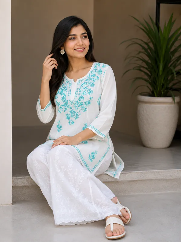 White_Floral__Short_Kurta_For_Women