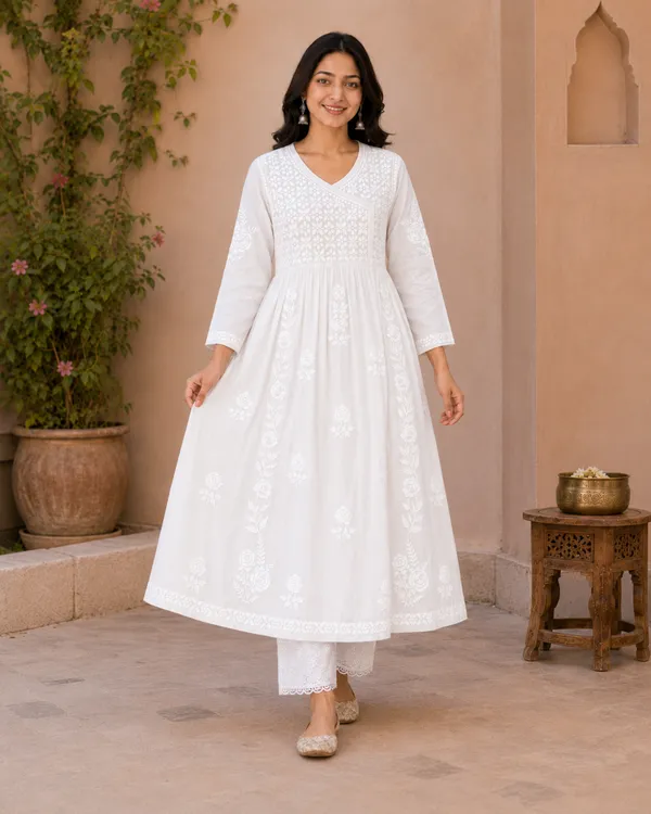 White_Cotton_Embroidered_Anarkali_Kurta_With_Palazzo_Set_For_Women