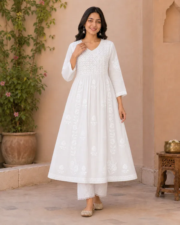White_Cotton_Embroidered_Anarkali_Kurta_With_Palazzo_Set_For_Women