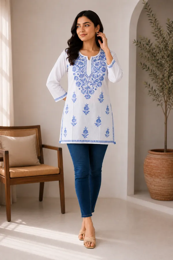 White_Floral_Print_Short_Kurti_For_Women