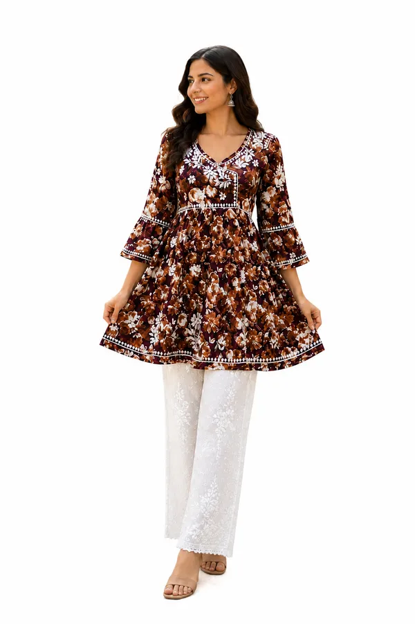 Brown_Floral_Print_Cotton_Flared_Kurti_With_White_Palazzo_Set_For_Women