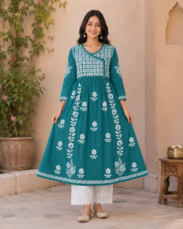 Teal_Cotton_Floral_Embroidered_Anarkali_Kurta_For_Women