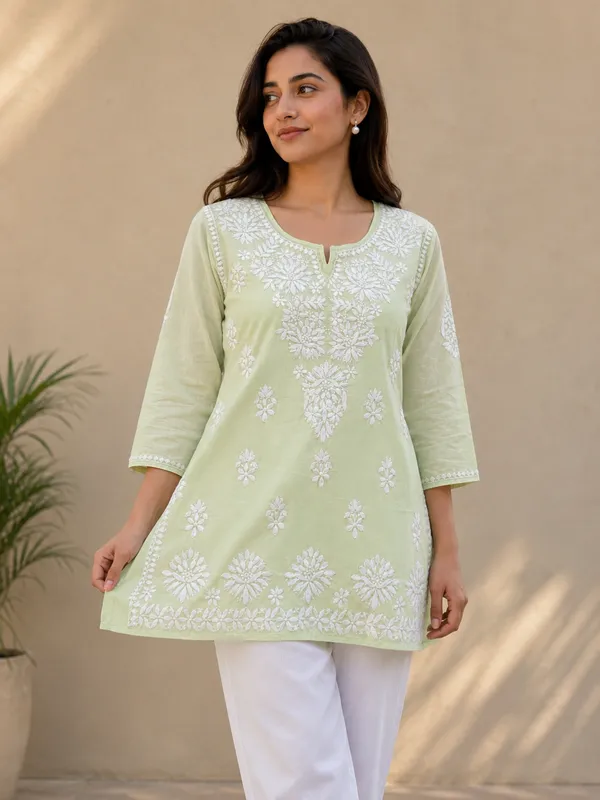 Green_Embroidered_Short_Kurta__For_Women