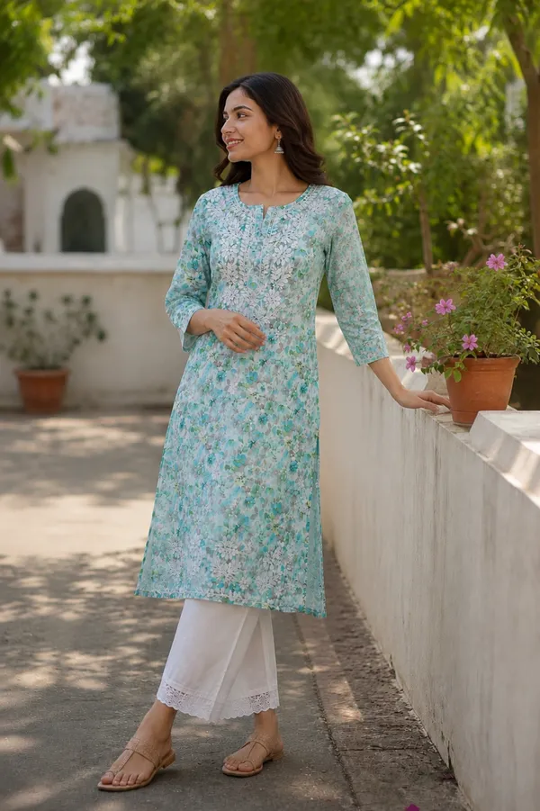 Turquoise_Floral_Print_Straight_Kurta_For_Women