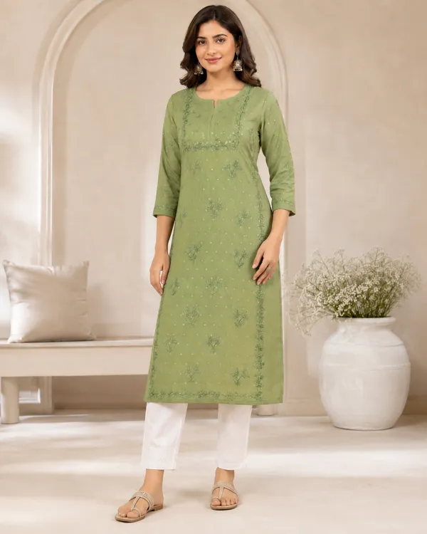 Green_Embroidered_Straight_Kurta_With_White_Pants_For_Women