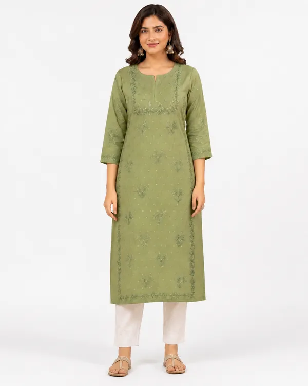 Green_Embroidered_Straight_Kurta_With_White_Pants_For_Women