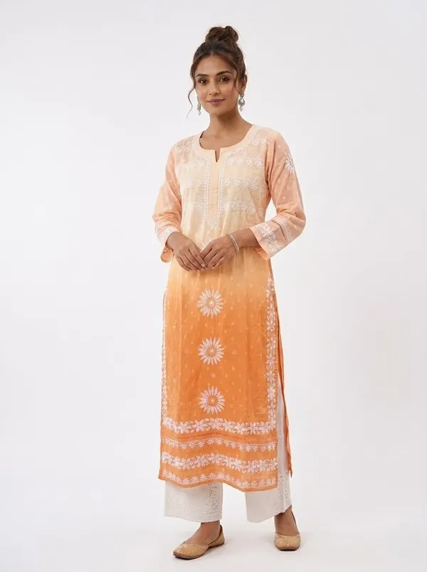 Peach_Orange_Embroidered_Cotton_Kurta_For_Women