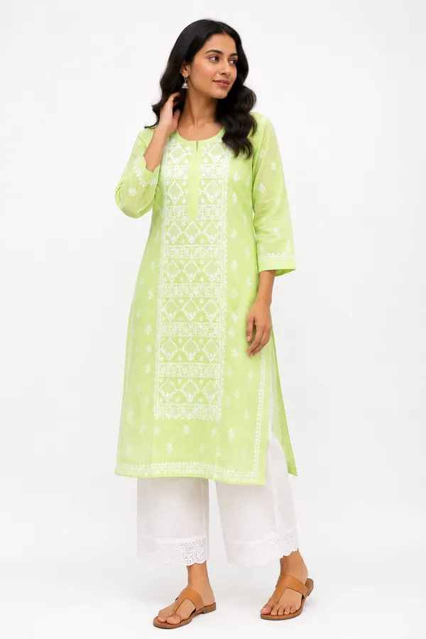 Lime_Green_Cotton_Embroidered_Straight_Kurta_For_Women