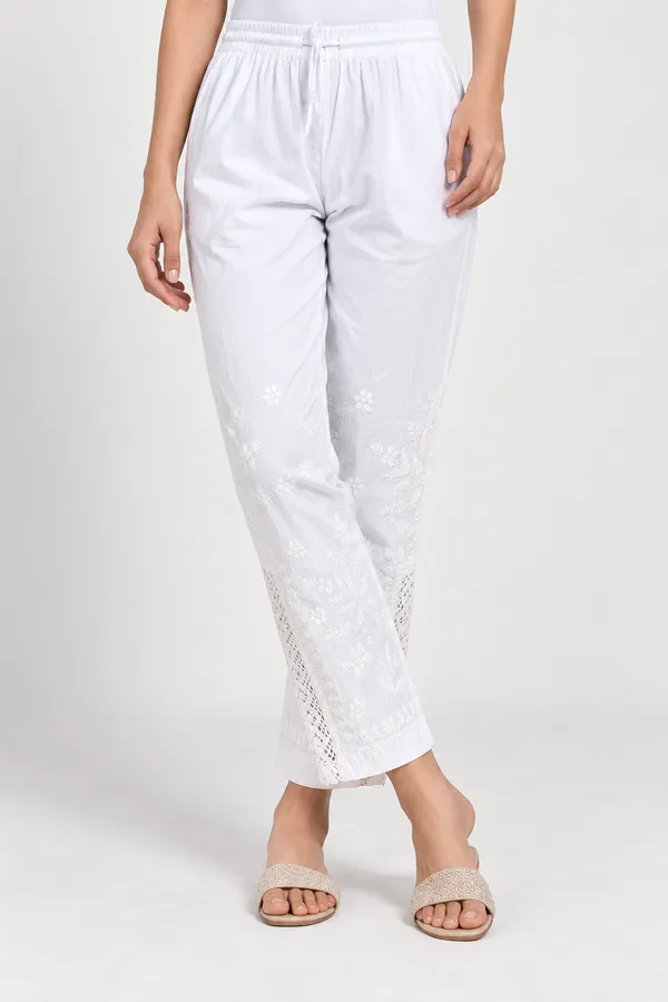 White_Floral_Chikankari_Straight_Pants_with_Side_Lace_Detailing_for_Women
