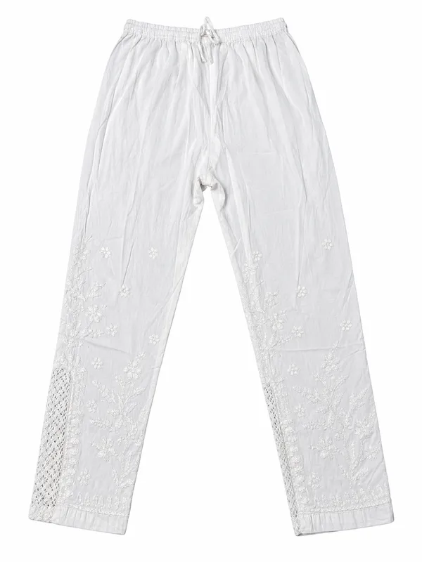 White_Floral_Chikankari_Straight_Pants_with_Side_Lace_Detailing_for_Women