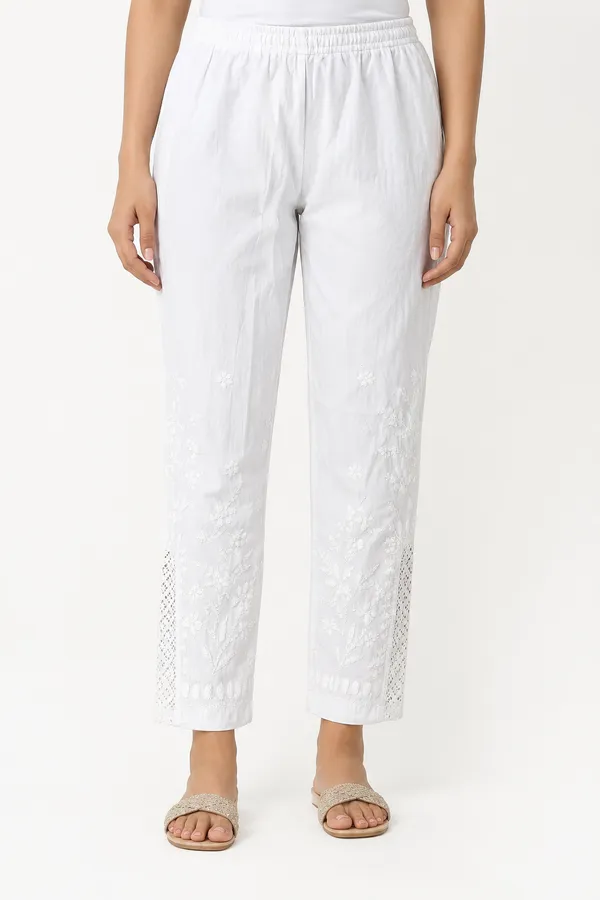 White_Floral_Chikankari_Straight_Pants_with_Side_Lace_Detailing_for_Women