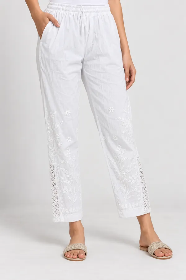 White_Floral_Chikankari_Straight_Pants_with_Side_Lace_Detailing_for_Women