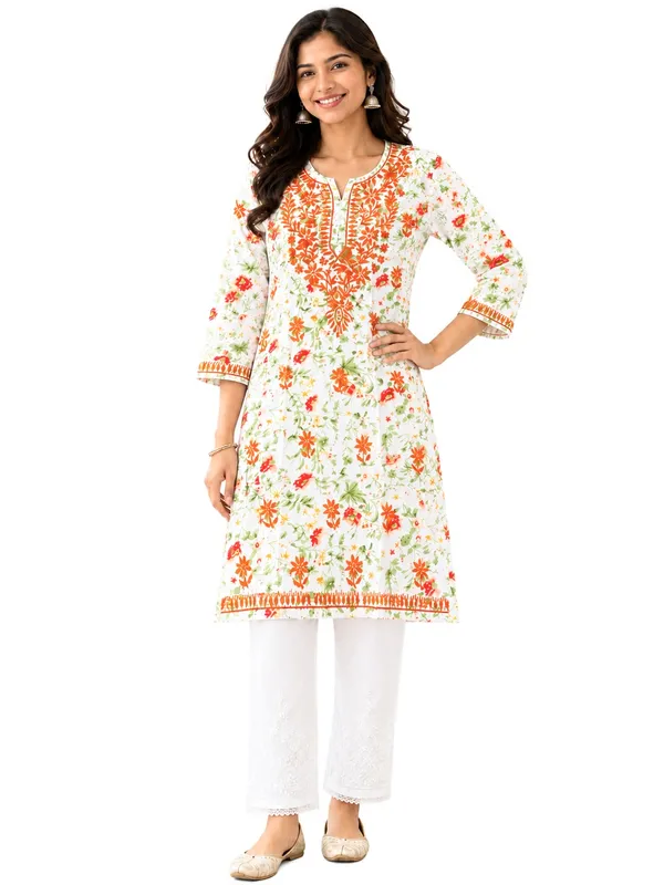 White_&_Orange_Floral_Chikankari_Straight_Kurti_for_Women