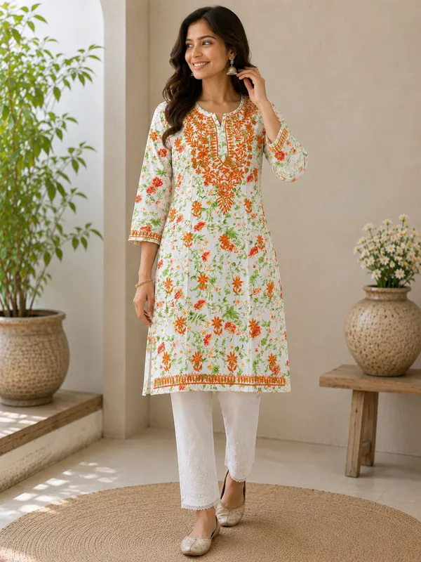 White_&_Orange_Floral_Chikankari_Straight_Kurti_for_Women