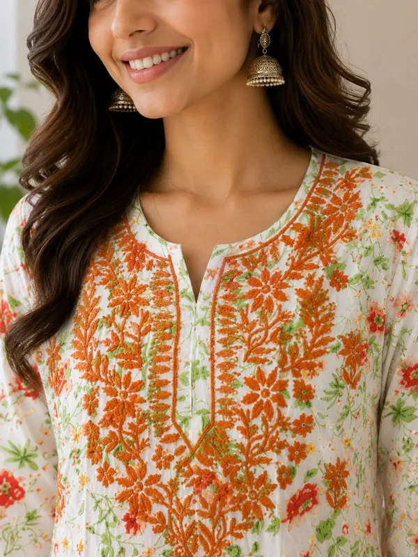 White_&_Orange_Floral_Chikankari_Straight_Kurti_for_Women