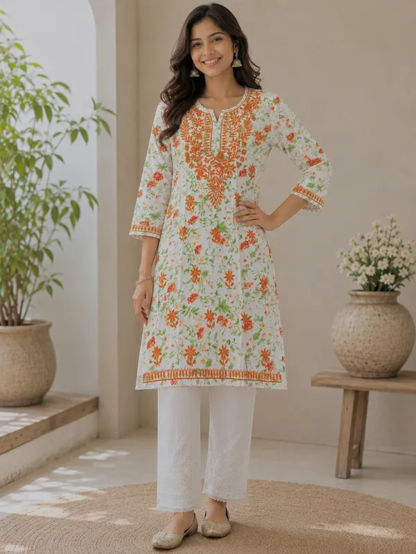 White_&_Orange_Floral_Chikankari_Straight_Kurti_for_Women
