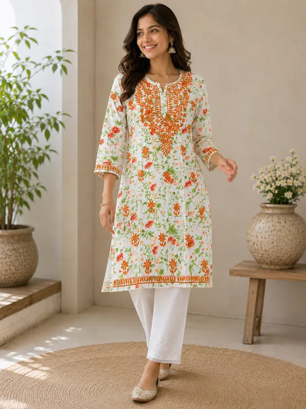 White_&_Orange_Floral_Chikankari_Straight_Kurti_for_Women