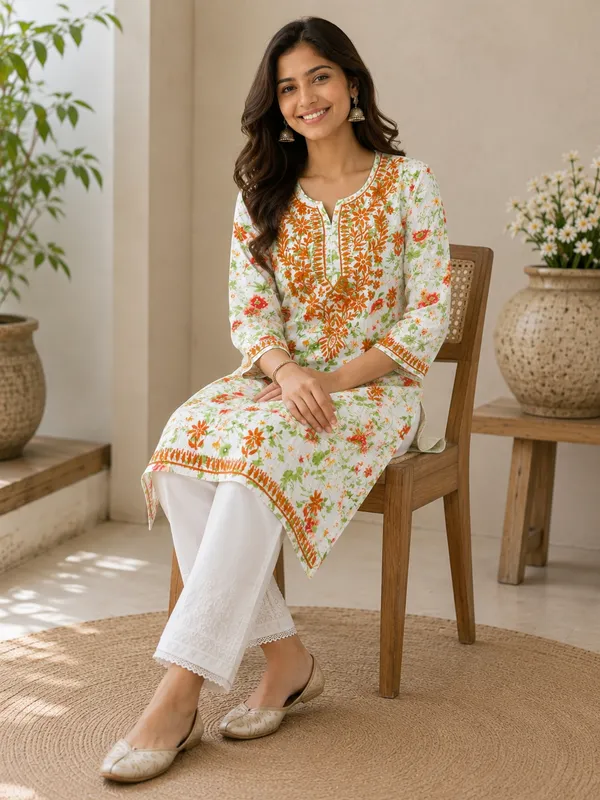 White_&_Orange_Floral_Chikankari_Straight_Kurti_for_Women