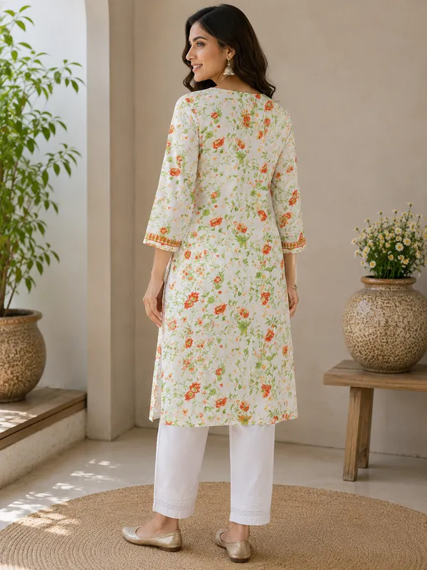 White_&_Orange_Floral_Chikankari_Straight_Kurti_for_Women