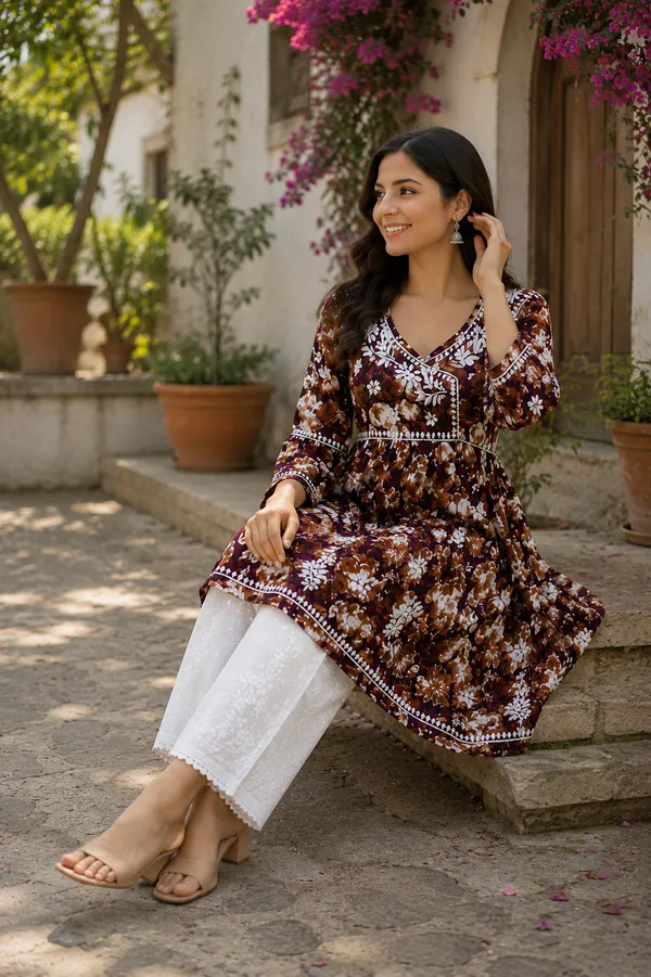 Brown_Floral_Print_Cotton_Flared_Kurti_With_White_Palazzo_Set_For_Women
