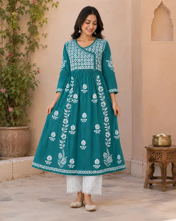 Teal_Cotton_Floral_Embroidered_Anarkali_Kurta_For_Women