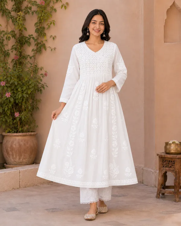 White_Cotton_Embroidered_Anarkali_Kurta_With_Palazzo_Set_For_Women