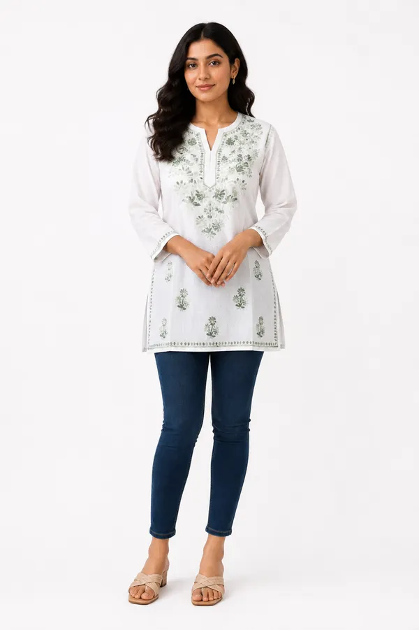White_Floral_Short_Straight_Kurti_For_Women