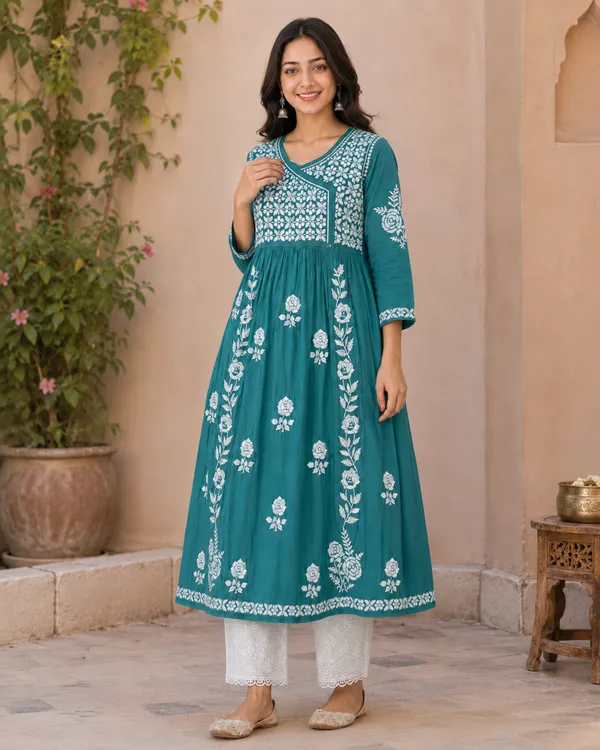 Teal_Cotton_Floral_Embroidered_Anarkali_Kurta_For_Women