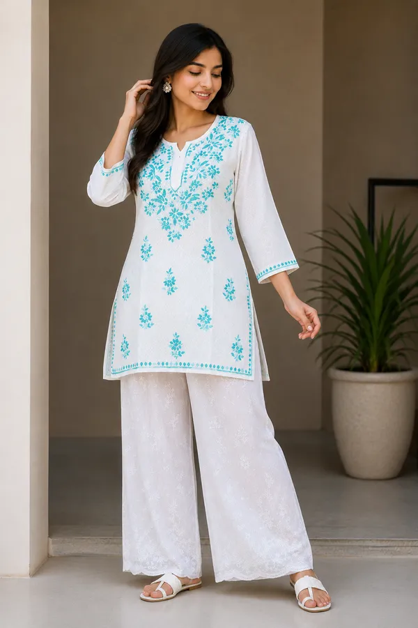 White_Floral__Short_Kurta_For_Women