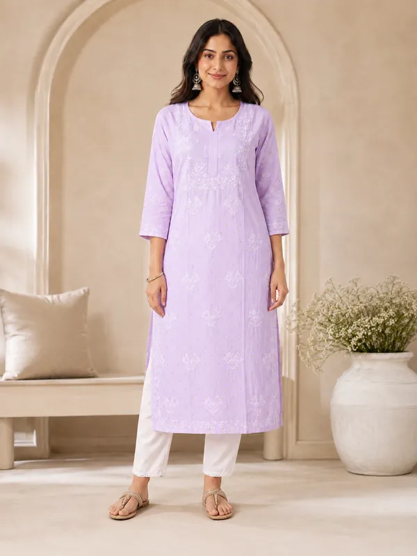 Lavender_Cotton_Embroidered_Straight_Kurta_For_Women