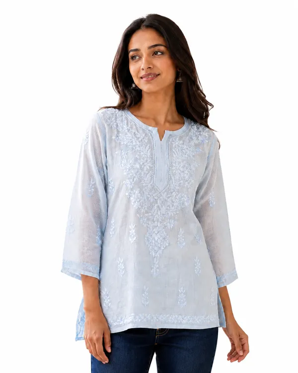 Light_Blue_Cotton_Embroidered_Tunic_Top_For_Women
