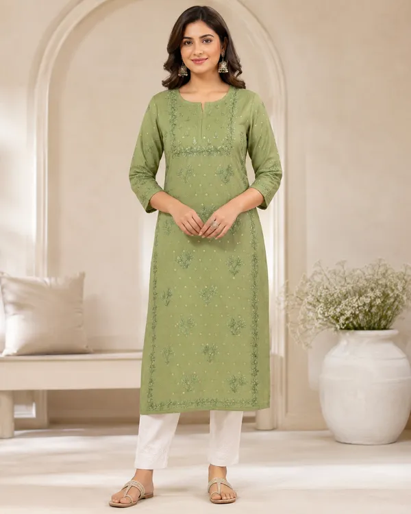 Green_Embroidered_Straight_Kurta_With_White_Pants_For_Women
