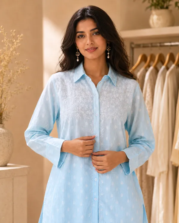Blue_Cotton_Embroidered_Collar_Shirt_For_Women