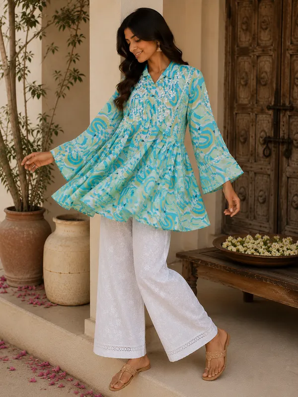 Turquoise_Printed_Cotton_Flared_Short_Tunic_For_Women