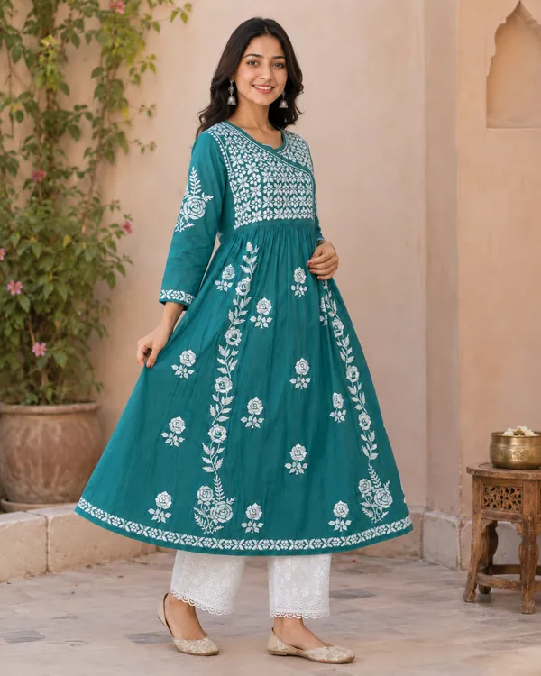 Teal_Cotton_Floral_Embroidered_Anarkali_Kurta_For_Women