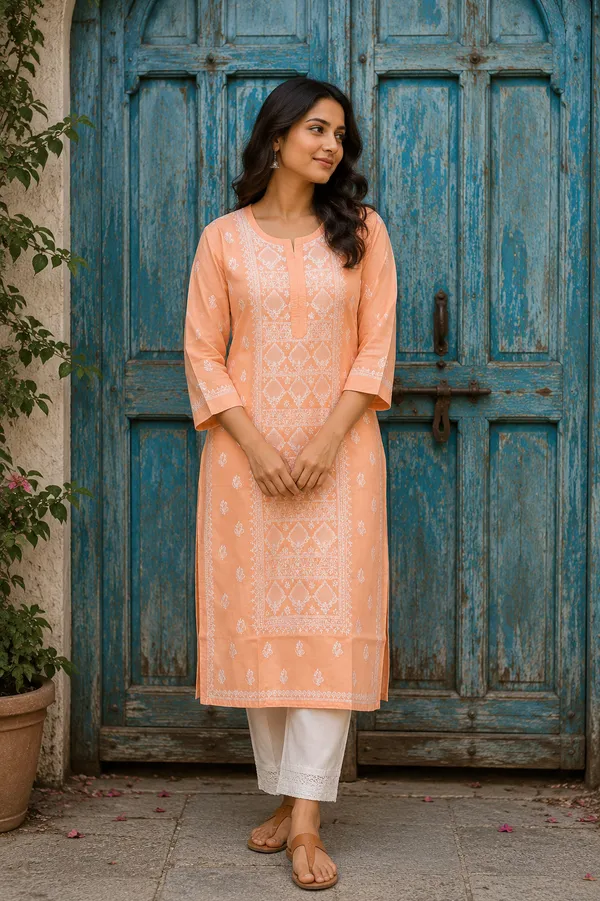Peach_Cotton_Chikankari_Embroidered_Straight_Kurta_For_Women