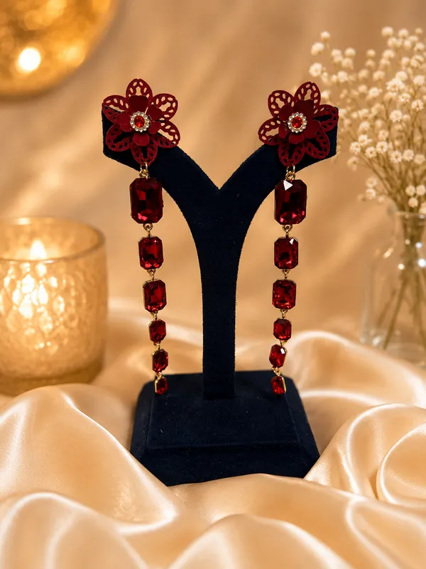 Floral_Crystal_drop_earring_-_Red