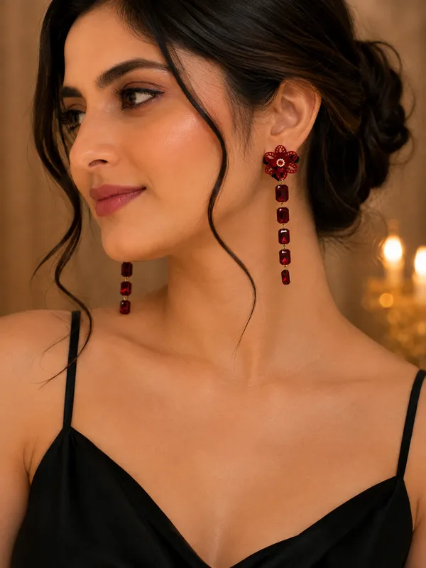 Floral_Crystal_drop_earring_-_Red
