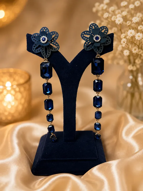 Floral_Crystal_drop_earring_-_Navy_blue
