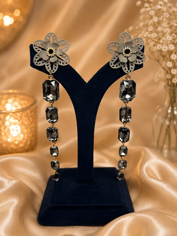 Floral_Crystal_drop_earring-_Grey