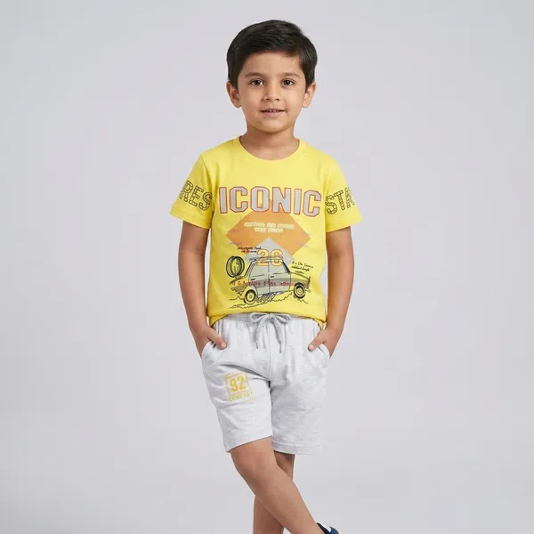 Yellow_And_Grey_Cotton_Graphic_Print_T-Shirt_And_Shorts_For_Boys_And_Brown_Cotton_Graphic_Print_Sleeveless
