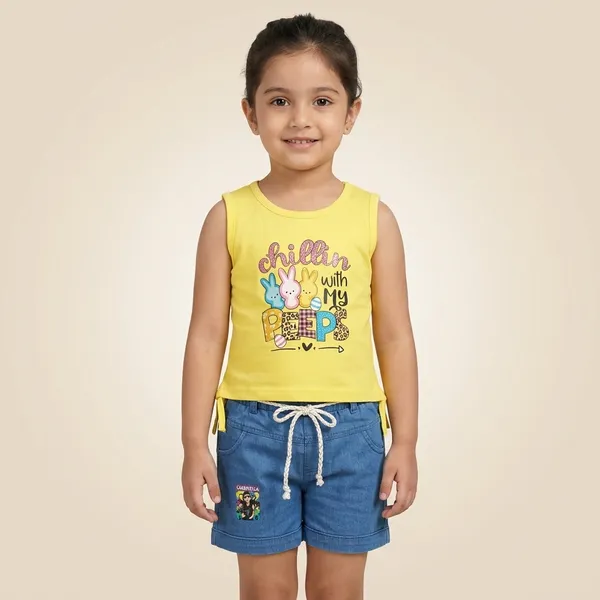 Red_And_Orange_Cotton_Blend_Sleeveless_Graphic_Top_And_Shorts_For_Girls_And_Yellow_And_Blue_Cotton_Blend_Sleeveless_Graphic_Top