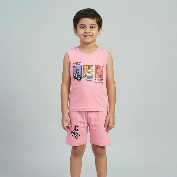 Orange_And_White_Cotton_Graphic_Print_T-Shirt_And_Shorts_For_Boys_And_Pink_Cotton_Sleeveless_Graphic_T-Shirt