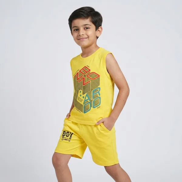 Red_And_Yellow_Cotton_Blend_Sleeveless_Graphic_Top_And_Shorts_For_Girls_And_Yellow_Cotton_Sleeveless_Graphic_T-Shirt_And_Shorts_For_Boys