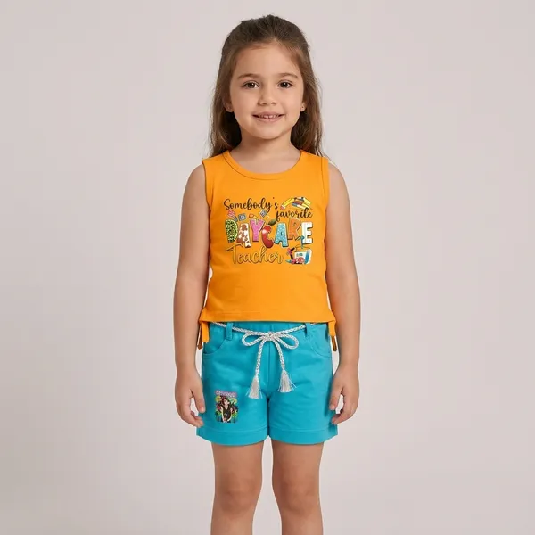 Orange_And_Blue_Cotton_Blend_Sleeveless_Graphic_Top_And_Shorts_For_Girls_And_Orange_Cotton_Sleeveless_Graphic_T-Shirt_And_Shorts_For_Boys