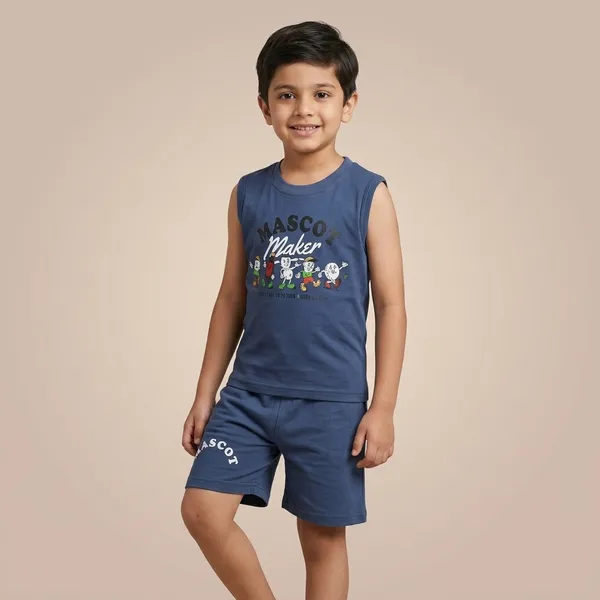 Mint_Green_And_Coral_Cotton_Blend_Sleeveless_Top_And_Shorts_For_Girls_And_Navy_Blue_Cotton_Sleeveless_Printed_T-Shirt_And_Shorts_For_Boys