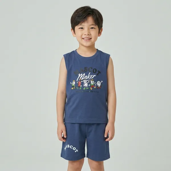 Mint_Green_And_Coral_Cotton_Blend_Sleeveless_Top_And_Shorts_For_Girls_And_Navy_Blue_Cotton_Sleeveless_Printed_T-Shirt_And_Shorts_For_Boys