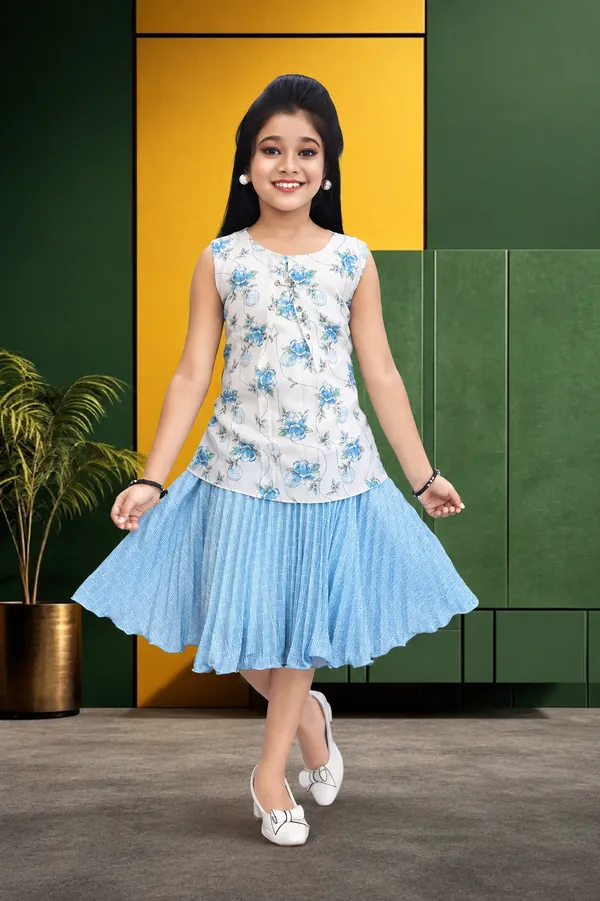 Blue_And_White_Cotton_Floral_Print_Top_And_Pleated_Skirt_For_Girls