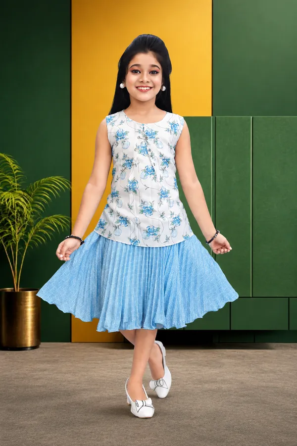 Blue_And_White_Cotton_Floral_Print_Top_And_Pleated_Skirt_For_Girls